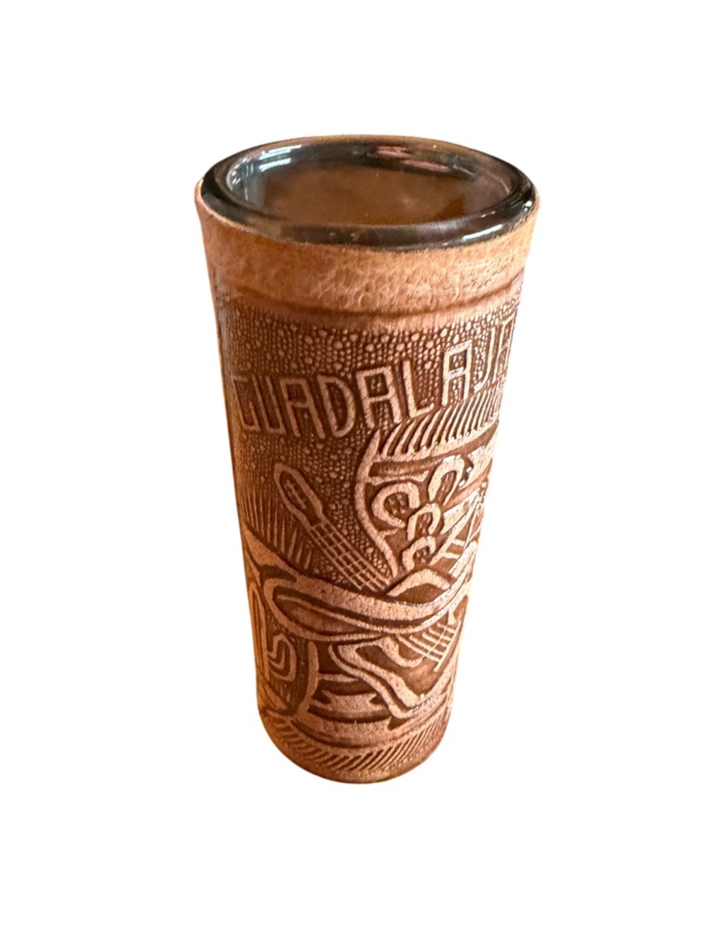 Guadalajara Mexico Handcrafted Carved Leather Wrapped 2oz.  Shot Glass